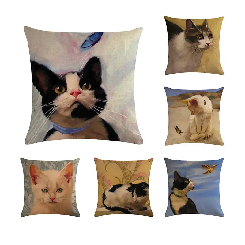 

New Linen Pillow Cover Black White Hand painting Yellow Cute Cat kitchen chair Cushion Cover Home Decorative Pillow Case