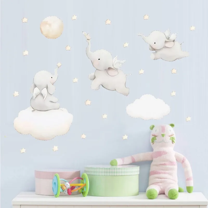

Cartoon Stars Cloud Wall Stickers Elephant Animal Sticker Baby Kids Room Decoration Nordic Style Nursery Vinyl Wall Decals