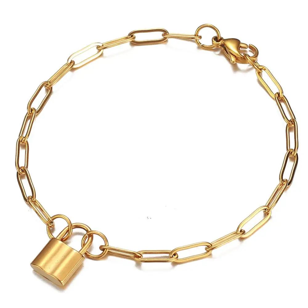 

Kpop Lock Charm Bracelet Homme Gold Silver Color Stainless Steel Chain Bracelets for Women Men Jewelry female 2020
