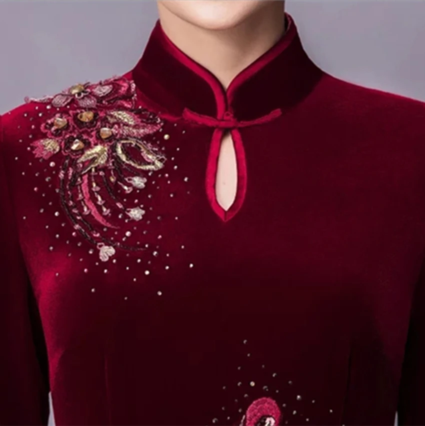 Длинное пальто для девочек бархатное китайское платье с разрезами по бокам и