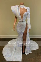 gorgeous sequin long mermaid prom dresses 2021 sexy high slit sheer high neck single long sleeve african black girl prom dress
