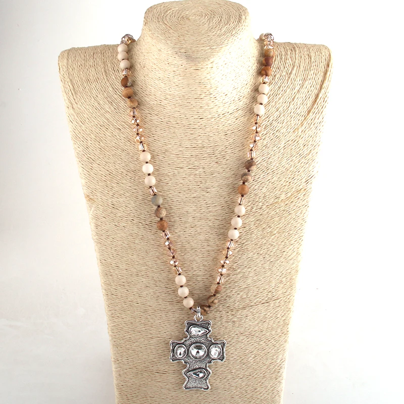 

RH Fashion Bohemian Tribal Jewelry Multi Stone Glass Long Knotted Blue Stone Metal Cross Pendant Necklaces For Women Necklace