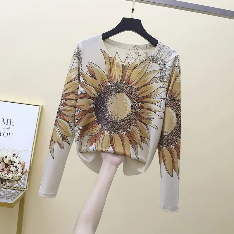 

Vintage Print O-Neck Long Sleeve T Shirt Women 2021 Autumn Loose Tee Shirt Femme Fashion Tops