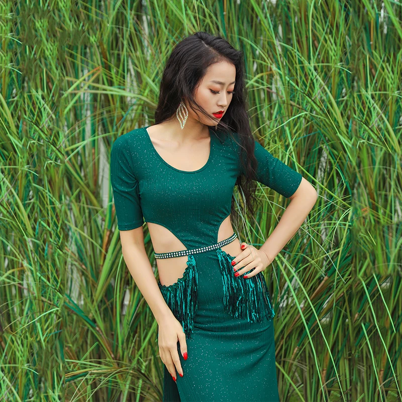 Женская юбка для танца живота с высоким разрезом и кисточками фолк-представлений