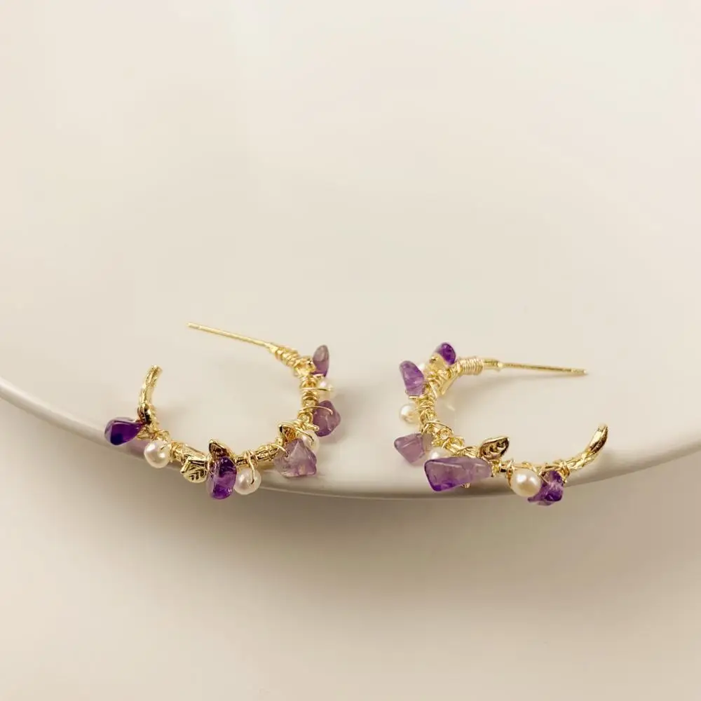 

Fashion Purple Crystal Freshwater Pearl Earrings Circle for Women Girls Pendientes Arabescos Gold Round Flower Small Earrings