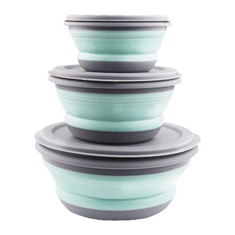 3Pcs/Set Bowl Sets Silicone Folding Lunch Box Folding Bowl Portable Silicone Folding Bowl Foldable Salad Bowl with Lid Blue