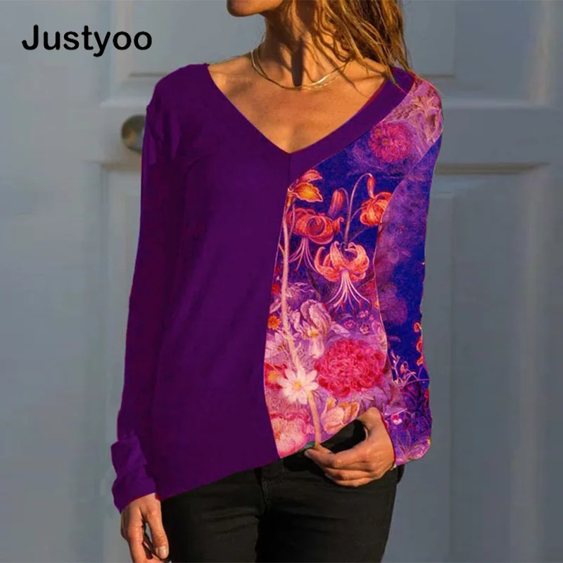 

Новые свободные футболки, женские Топы с длинным рукавом и V-образным вырезом, женские пуловеры, женская сексуальная модная повседневная фу...