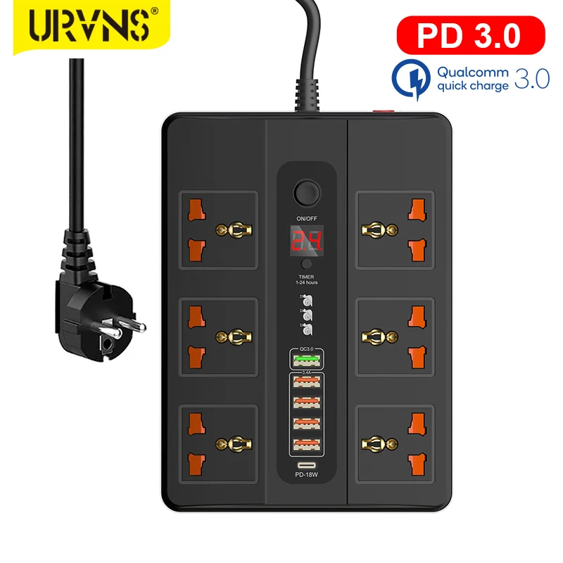 URVNS 2500W Мощность удлинитель 6 розеток С QC3.0 PD USB для быстрой зарядки Электрический