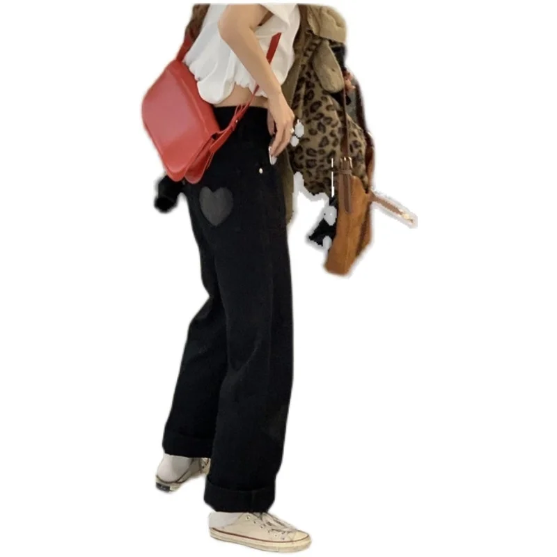 Черные прямые джинсы женские с высокой талией тонкие Универсальные джинсовые