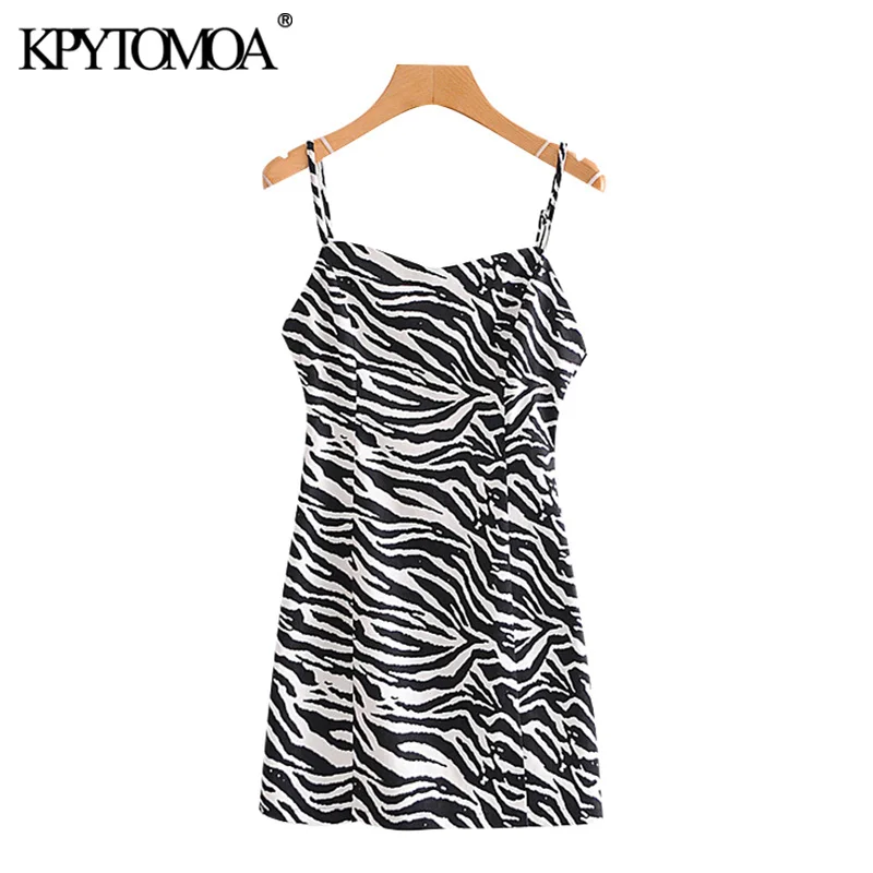 

KPYTOMOA Women 2021 Sexy Fashion Zebra Print Mini Dress Vintage Backless Zipper Thin Straps Female Dresses Vestidos Mujer