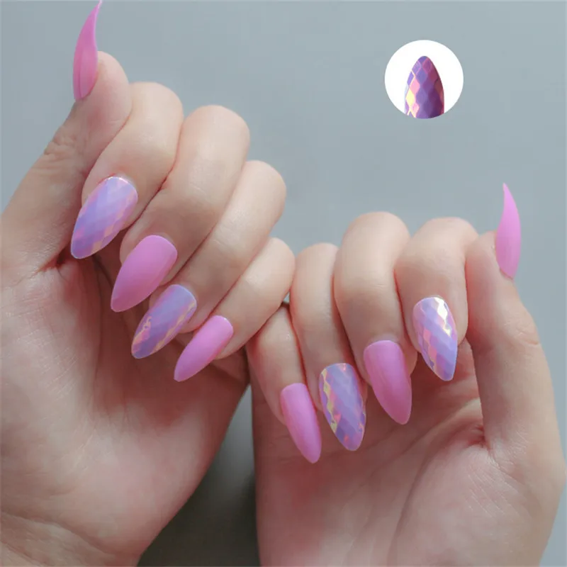 

24Pcs PinkFish Scale Laser Gradient Fake Nails Square Dark Ladies Acrylic DIY Nail Art Tips Pre-designed Nails With Glue Sticker