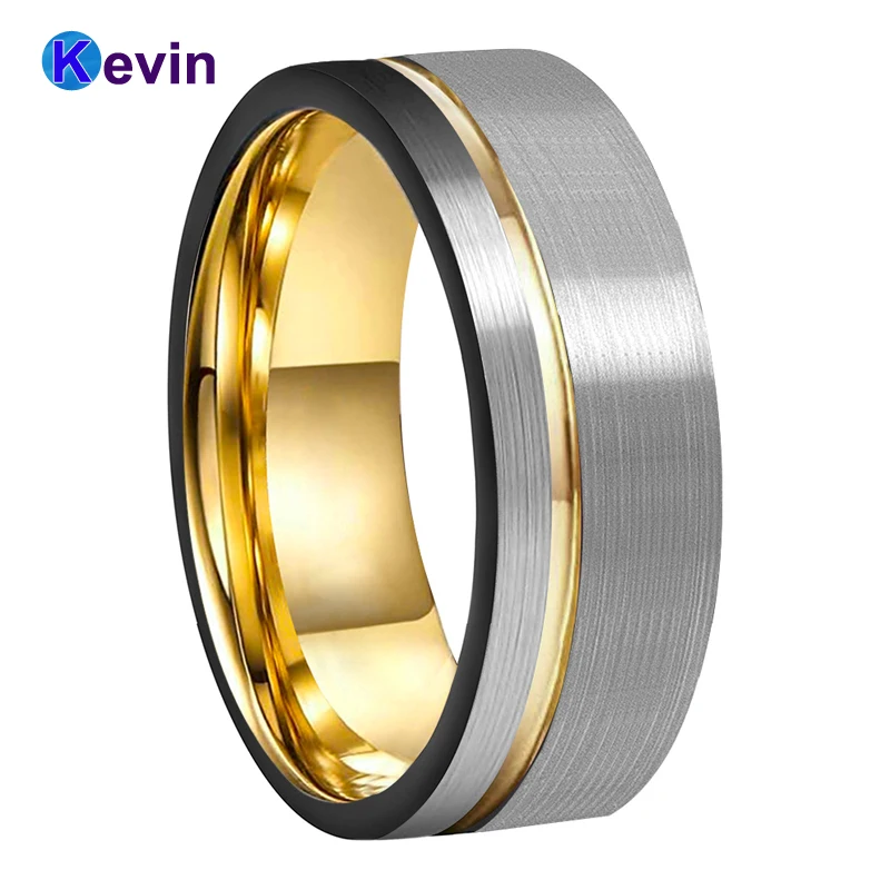 

Gold Wedding Band Tungsten Carbide Jewelry Ring With Black Sides And Offset Groove 8MM Comfort Fit