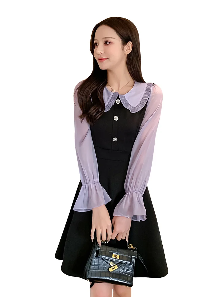 

Early Spring 2021new Fashionable Temperament Bottoming Little Black Dress Versatile Fake Two Pieces Chiffon Stitching Dress for