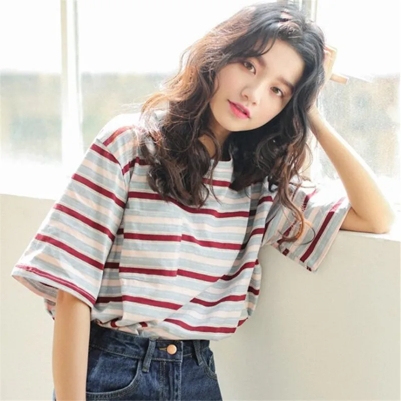 

Korean O-neck T Shirt Women Kawaii Striped Tops Harajuku Tshirt Summer Short Sleeve Casual Loose T-shirts Camiseta Feminina