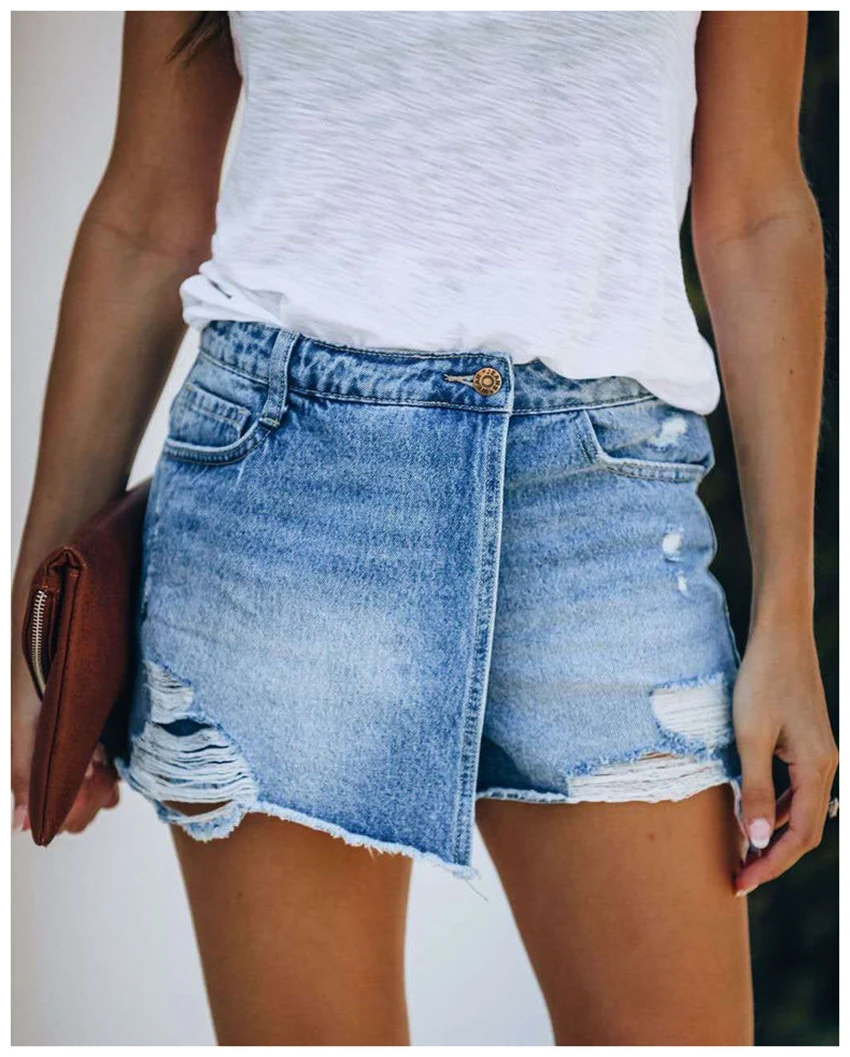 

Women Ripped Washed Denim Pants Short Pant Casual Summer straight-leg pants Plus Size Hole Low waist Stitch Trousers Nightclub