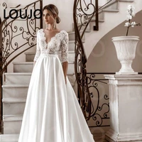 luojo elegant long sleeve lace wedding dresses v neck satin a line vestido de novia bridal gown autumn new vintage simple