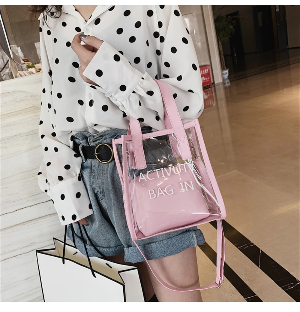

2021 Fashion Women Transparent Shoulder Bag Girls Composite Bags Color Block Messenger Handbag Composite Tote