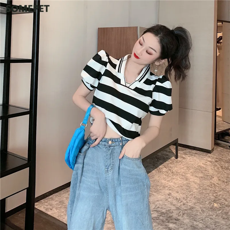 

Korean Chic New Summer Women Sweet Puff Short Sleeve Tee Casual Striped Vintage Polo V-Neck Tops Basic Sexy Short T-Shirt