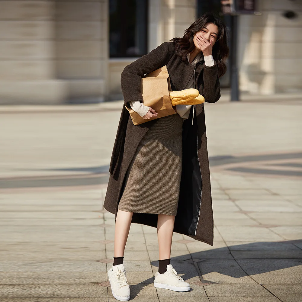 Зимнее длинное шерстяное пальто женские корейское двубортное Дизайнерские