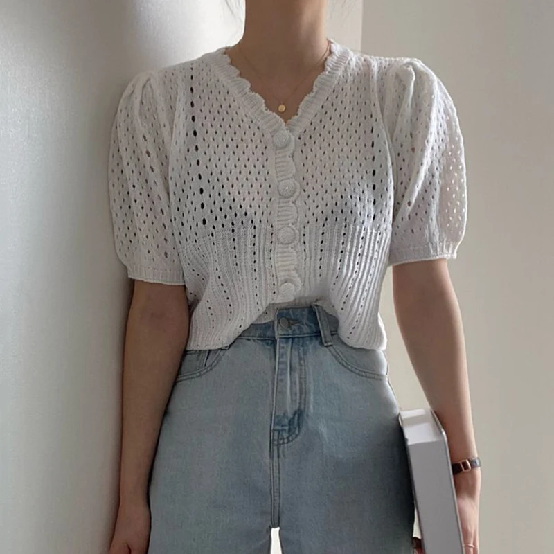 

Women Sweater 2021 Summer Korean Chic Girl Gentle Temperament V-Neck Single-Breasted Loose Puff Sleeve Knit
