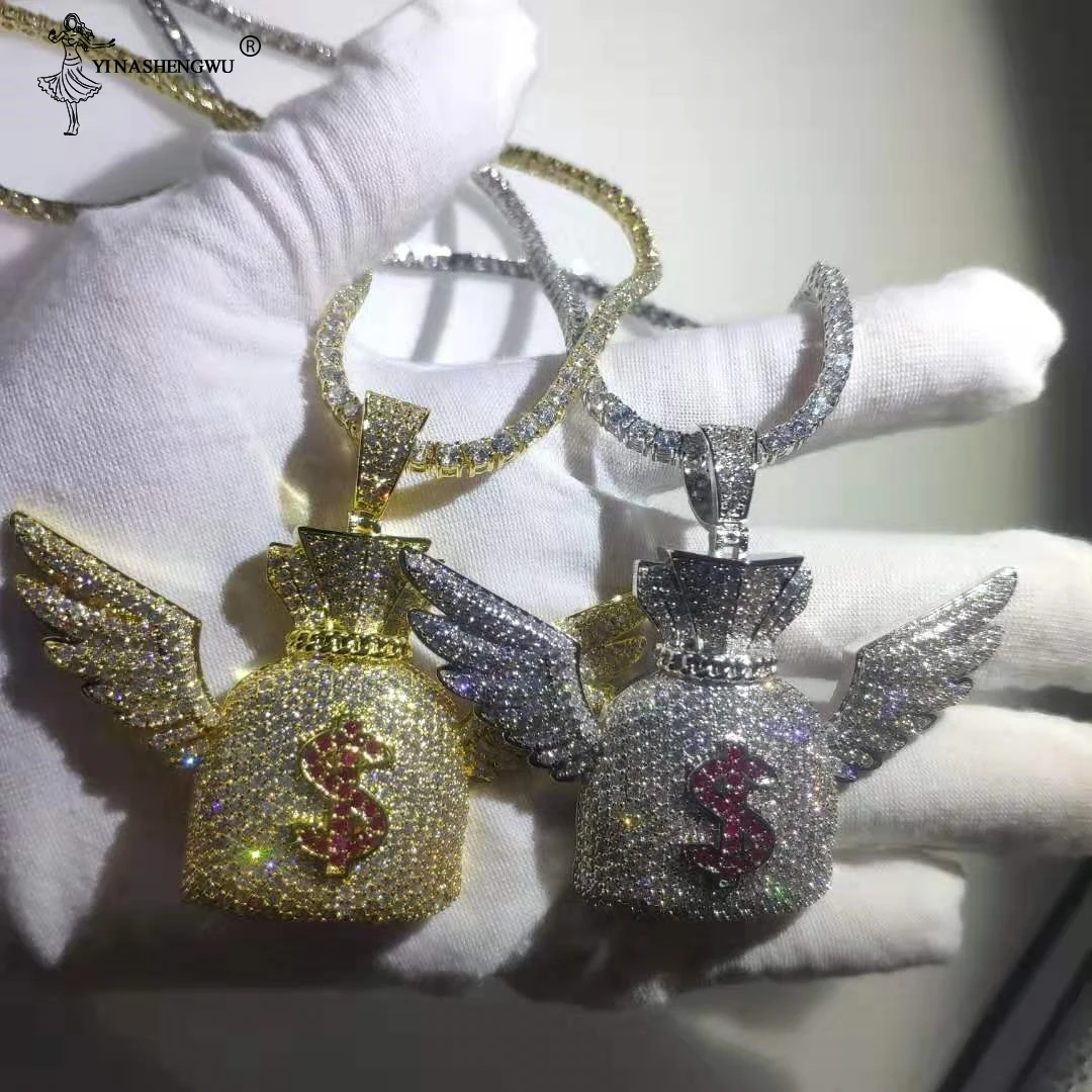 

Хип-хоп AAA циркониевый камень CZ Установка Bling Iced Out ангельское крыло доллар США кошелек сумка для денег Кулоны ожерелье ювелирные изделия для...