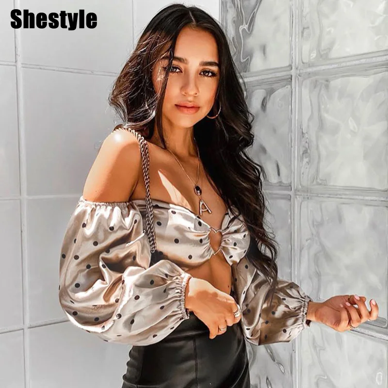 Женский укороченный топ Shestyle футболка в горошек с открытыми плечами и длинным