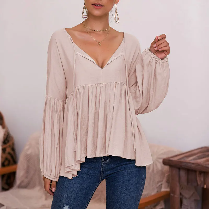 Дропшиппинг женские топы с пышными рукавами и V образным вырезом однотонная