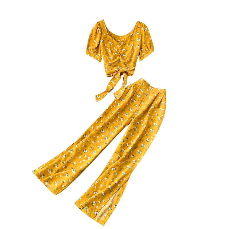 

2021 Temperament Fashion New Bohemian Spring Floral Sets Two-piece Bow Tie Short Top Women High-waist Wide-leg Pants C279