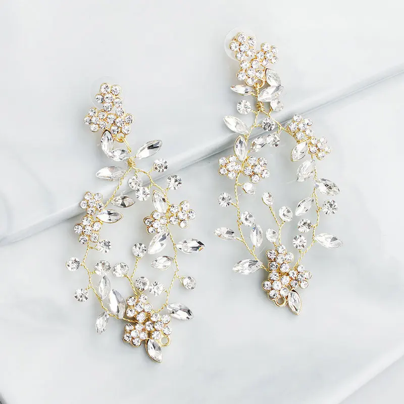 Hyperbole Rhinestone Flower and Leaves Boho Drop Earrings Trendy 2019 Newest Handmade Ladies Wedding for Party | Украшения и