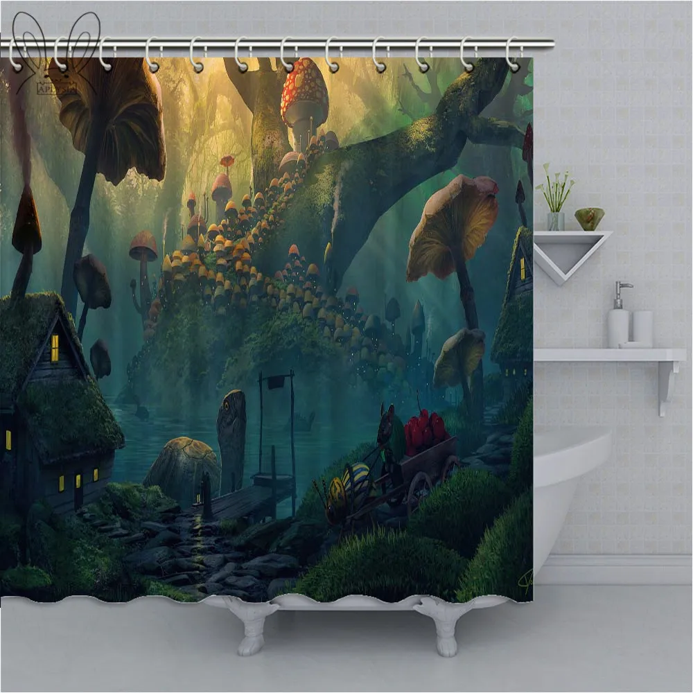 Занавеска для душа с рисунком деревьев и грибов | Дом сад