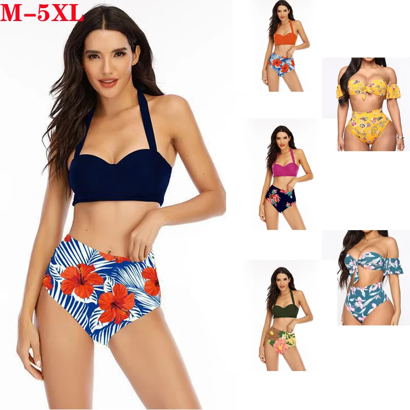 

Женский пикантный комплект бикини с цветочным принтом, купальный костюм, женская летняя пляжная одежда с высокой талией и бюстгальтером пу...
