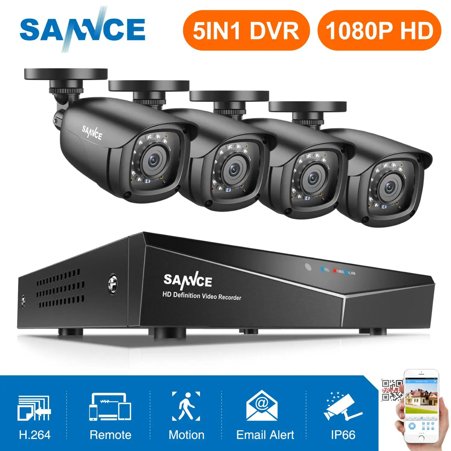 SANNCE 8CH 1080P DVR 1080P CCTV система 4 шт 1080P 2.0MP камеры безопасности ИК Открытый IP66 комплект видеонаблюдения Обнаружение движения