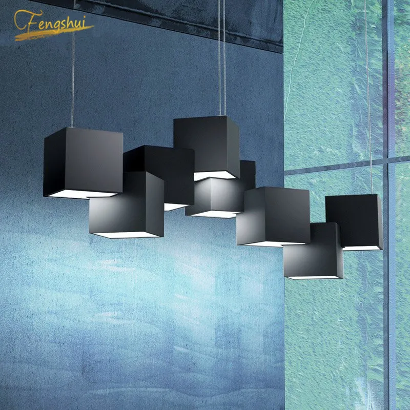 للبيع الحديثة LED روبيك مكعب قلادة مصباح الإضاءة الشمال الحد الأدنى الفن ديكو الثريا فندق مطعم غرفة المعيشة شنقا مصابيح