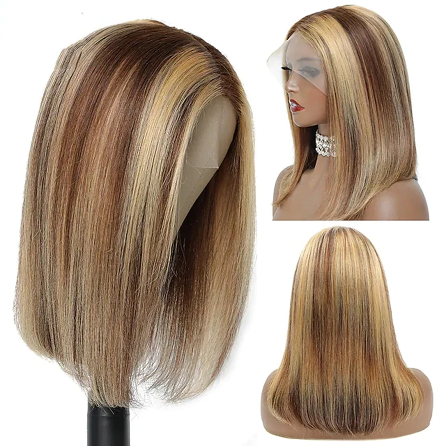 13x4 Lace Highlight Short Straight Bob wigs Human Hair Wig Honey Blonde Lace Frontal Wig Density 150%Brown Black Costume wigs