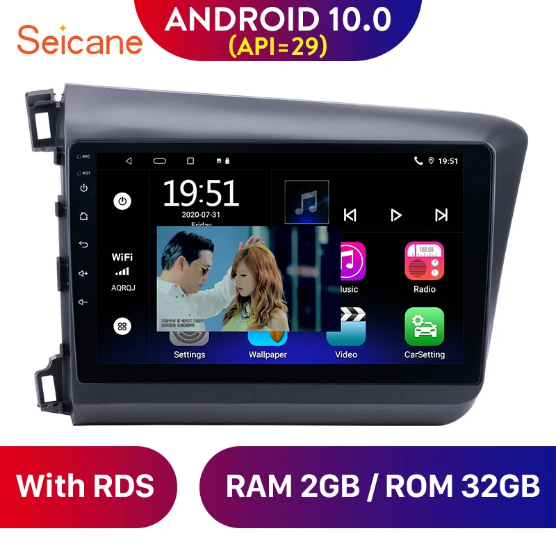 Автомагнитола Seicane 9 дюймов Android 10 0 2 + 32 ГБ мультимедийный проигрыватель для Honda Civic