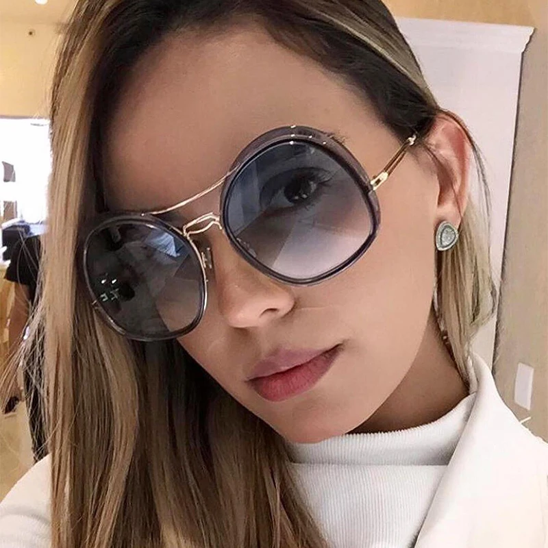 

oval women metal sunglasses Fashion Vintage Big Shade Female Sunglasses Oversized Gradient Eyeglasses Oculos De Sol Feminino
