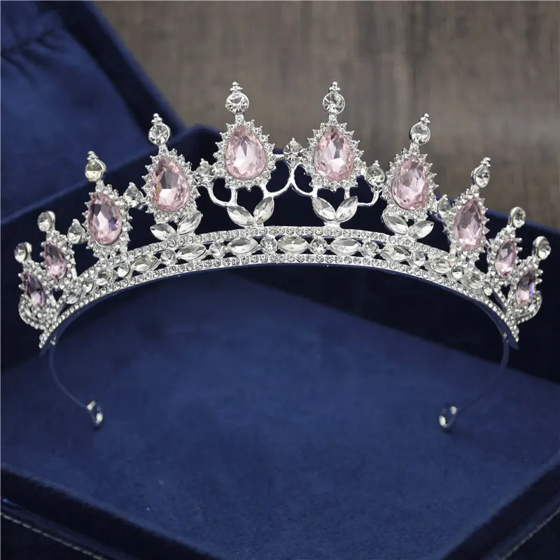 Silver Pink Новая Винтажная тиара в стиле барокко, корона для королевы невесты, розовые хрустальные короны, свадебные модные украшения для волос, свадебные аксессуары - Окраска металла: Silver Pink