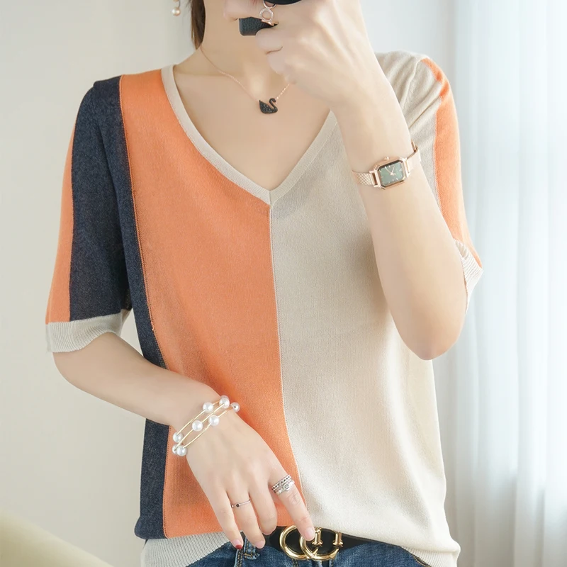 

Lafarvie Ice Silk T Shirt Women 2021 Oversize Short Sleeve Tees V Neck Patchwork Summer Clothe Blusa Feminina Fashion Casual