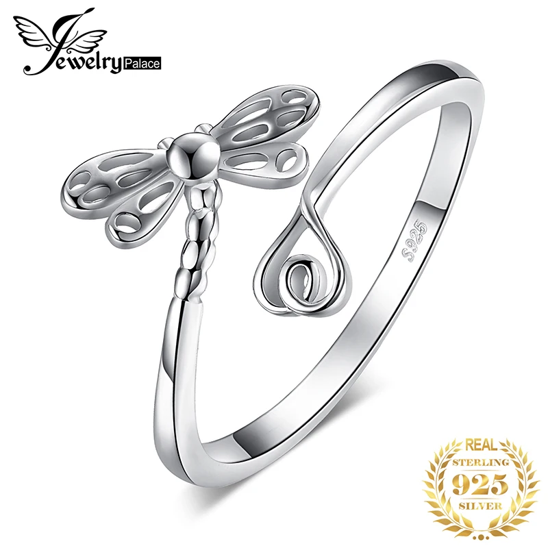 

JewelryPalace Dragonfly Heart Love 925 Sterling Silver Open Adjustable Band Stackable Cuff Wrap Thumb Finger Rings for Women