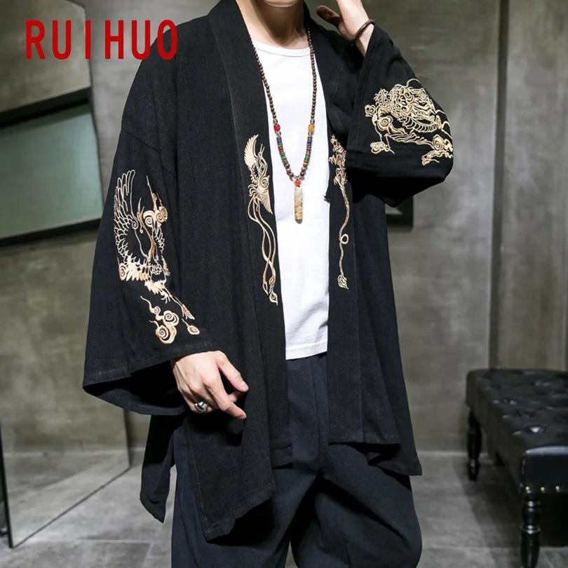RUIHUO Dragon Embroidery Kimono Jacket Men Coat Streetwear Bomber Hip Hop Windbreaker 5XL 2021 New | Мужская одежда