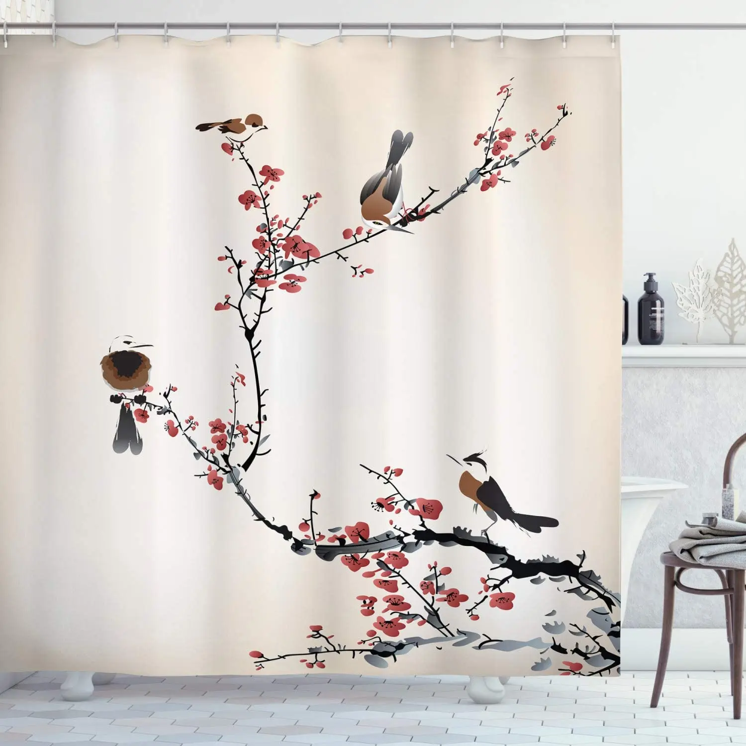 

Birds on Cherry Tree Branches Summer Classic Illustration Bathroom Décor