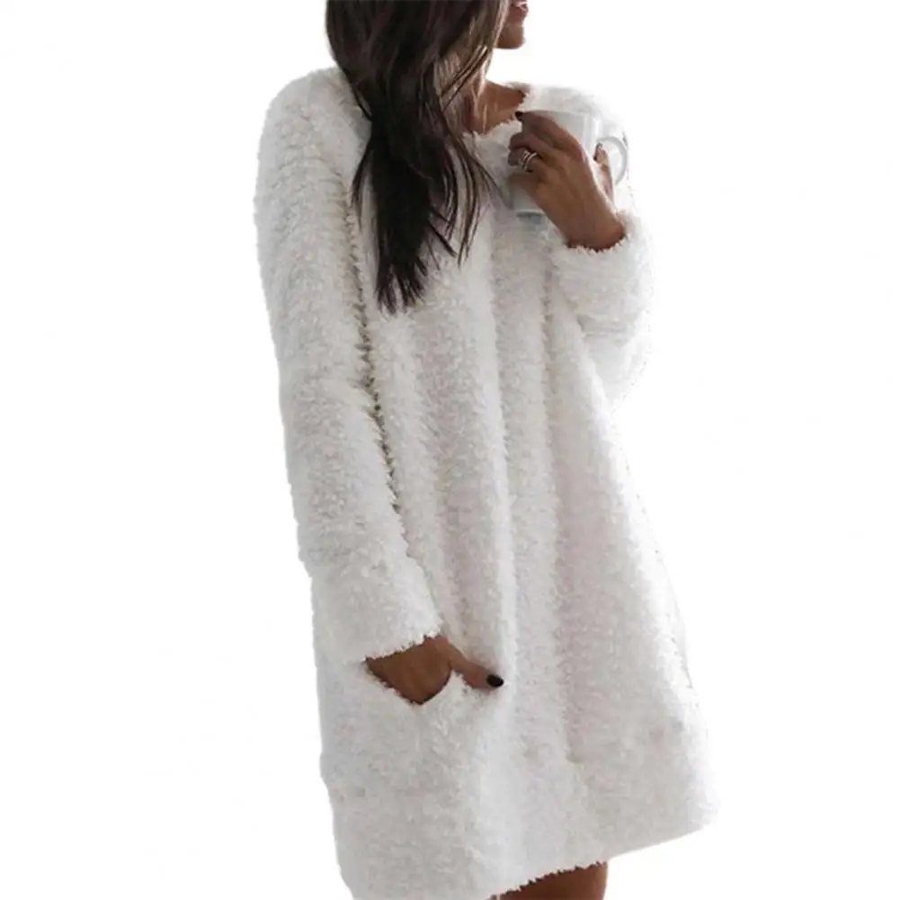 

Casual Women's dress Round Neck Long Sleeve Pocket Plush Dress Straight Plush Women Party Dress Knitwear Woman clothes xxxl