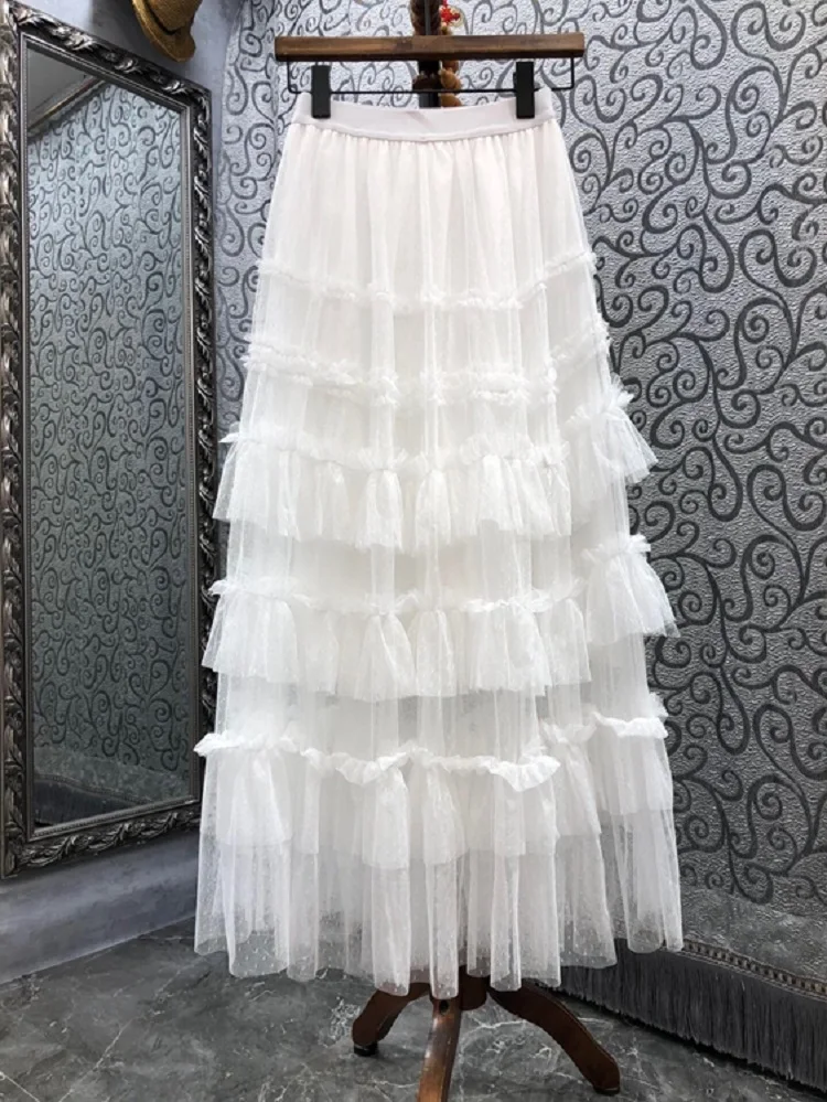 

Женская длинная юбка с каскадными оборками, элегантная черно-белая длинная юбка с поясом на резинке, весна-осень 2022
