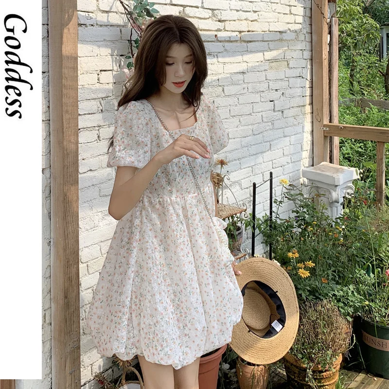 

2021 Women Floral Dresses Summer Elegant Kawaii Puff Slleve Vintage Dress Female Casual Sweet Chic Outdoor Party Mini Dress New