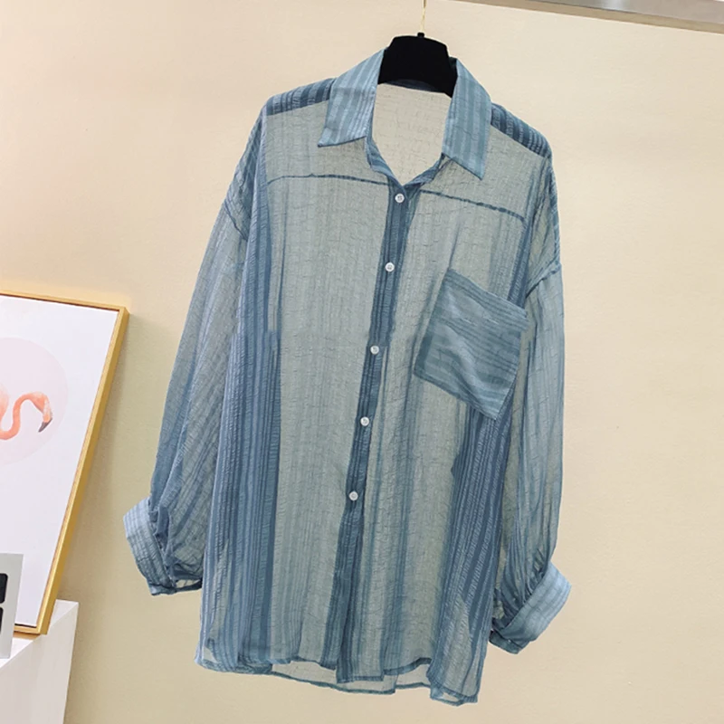 

2021 Summer Chiffon Blouse Women Long Sleeve See-Through Loose Blouses and Tops Thin Sun protection Shirts blouses femme