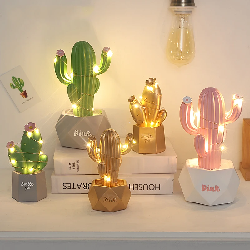 

Home Decor Blue Pink Artificial Cactus With lamp Simulation Potted plants Christmas Decoration Tabletop Ornaments Nordic Gifts
