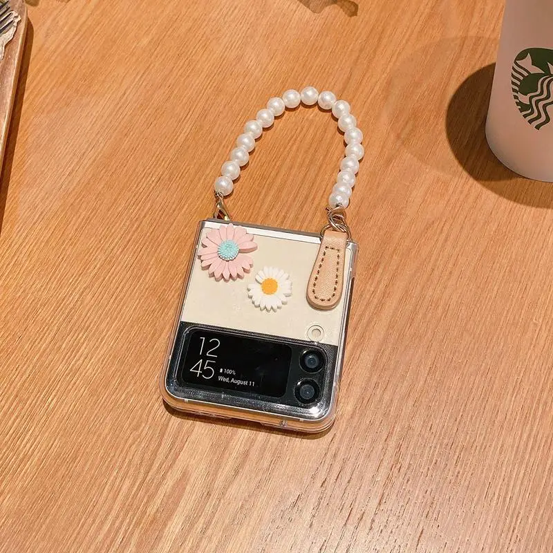 Милые чехлы для телефонов с жемчужным цветком и браслетом Samsung Galaxy Z флип