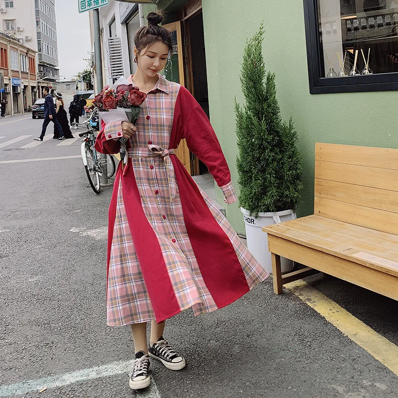 

2021 Elegant OL Series Spring And Summer Fashion Plaid Stitching Bandage Dress Rose Red Long Korean Office Women's Clothing