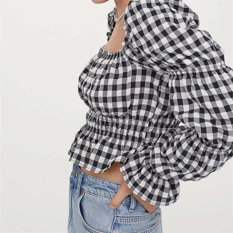 

ZXQJ Women 2021 Fashion Elastic Smocked Ruffled Cropped Plaid Blouses Vintage Square Collar Long Sleeve Female Shirts Chic Tops