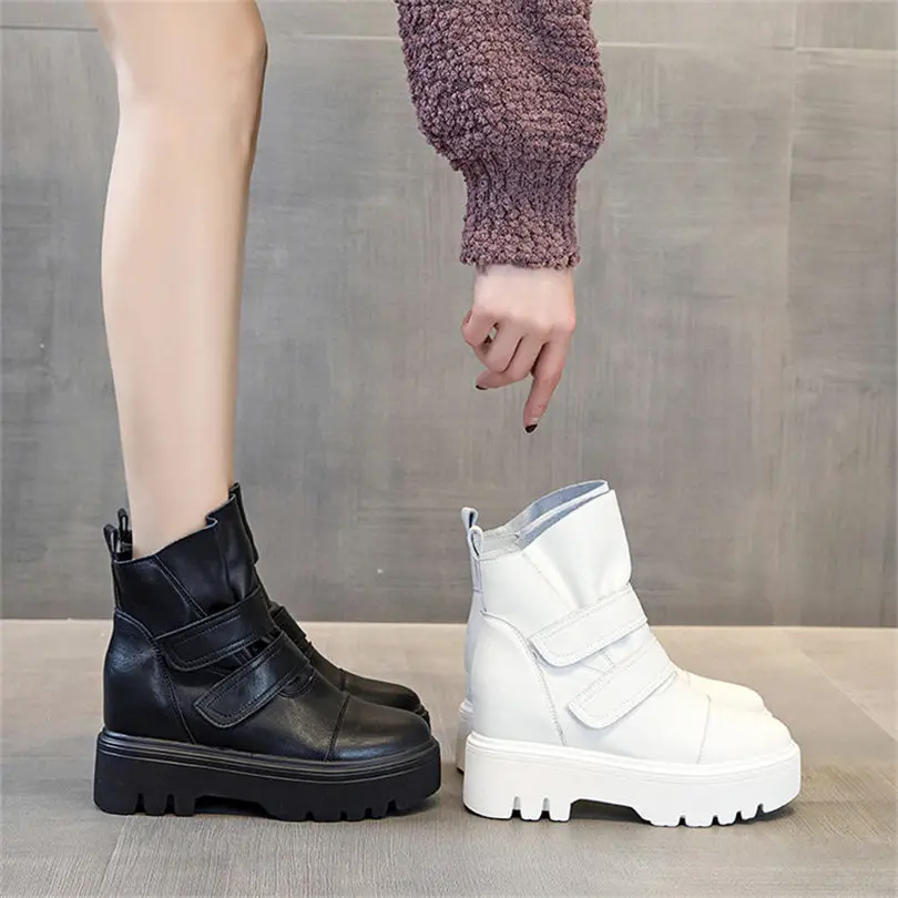 Increasing Height Military Women Cow Leather Round Toe Ankle Boots Platform Wedge High Heel Oxfords Pull On Creeper Shoes 34 -39